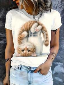 1 pieza, camiseta de manga corta de algodón puro clásica y versátil, ideal para usar en cualquier estación, con dise?o de gatito en reverso y estilo moderno - Blanco - Ver 1