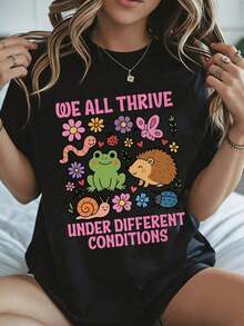 Elegante y casual para mujer, camiseta de algodón de manga corta para verano. Estampado de rana, erizo, caracol y mariposa. Ropa casual blanca para mujer, primavera-verano. - Negro - Ver 1