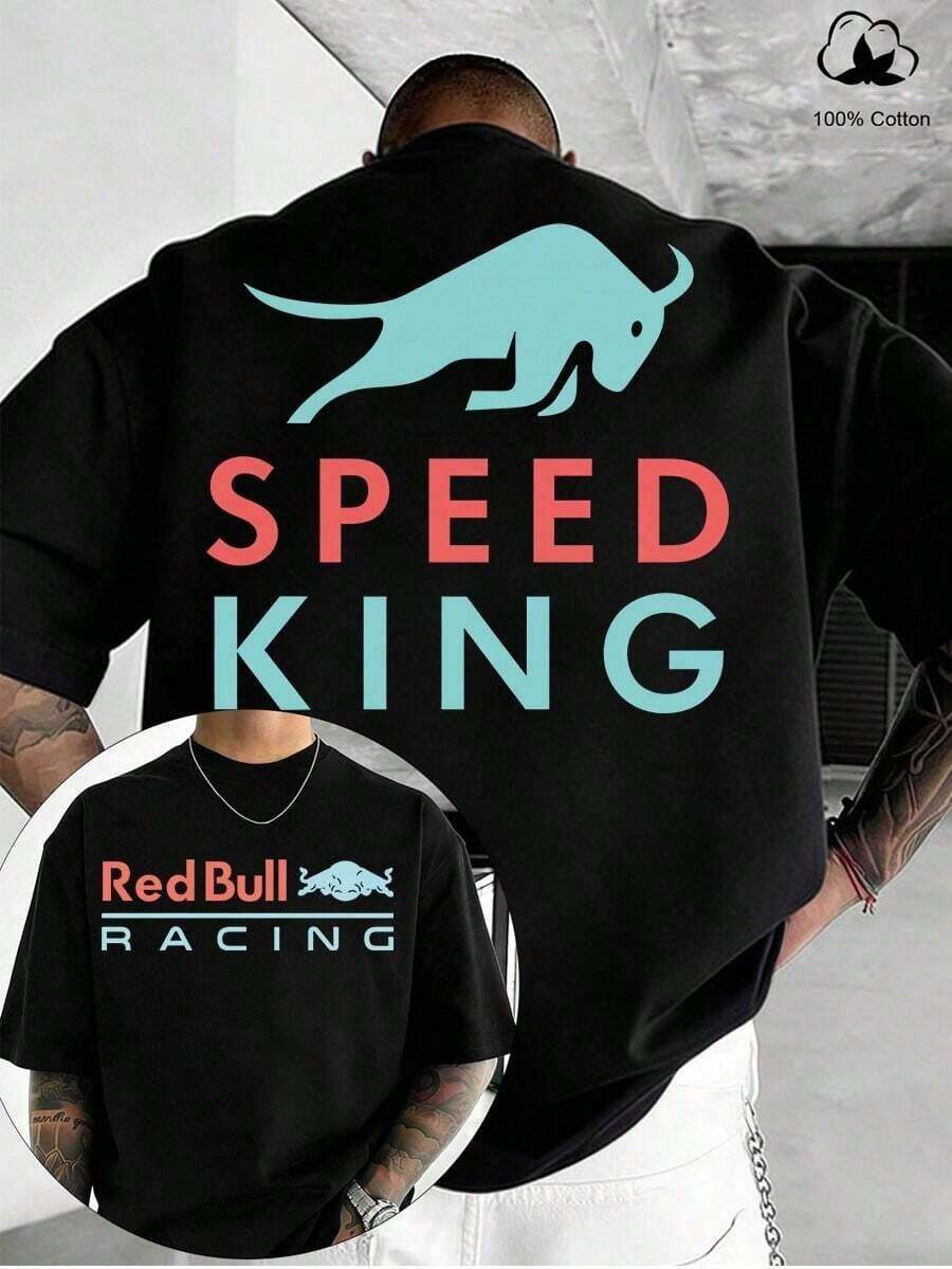 Gift F1 Racing Culture T-Shirt, Double-Sided Speed King Print T-Shirt, High-Quality 100% Cotton Short-Sleeve T-Shirt, Crew Neck, Soft And Breathable, Retro Casual Style, Versatile For Men And Women, Loose Fit Casual T-Shirt, Summer T-Shirt, Suitable For Daily Wear, Outdoor Wear, Perfect Gift For Boyfriends, Gift For Men, Men's Clothing. Soft - 黑色 - 查看 1