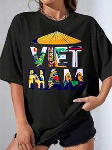 Camisetas de Mujer, Manga Corta Casual para Fiesta, Camiseta de Viaje OneVietnam Blanca con Estampado de Lugares Emblemáticos y Cultura de Vietnam, Ropa Casual para Mujeres y Hombres 180g - Negro - Ver 1
