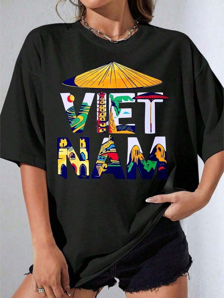 Camisetas de Mujer, Manga Corta Casual para Fiesta, Camiseta de Viaje OneVietnam Blanca con Estampado de Lugares Emblemáticos y Cultura de Vietnam, Ropa Casual para Mujeres y Hombres 180g - Negro - Ver 1