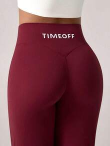 TimeOff 1 pieza Pantalones deportivos de cintura elástica con estampado de letras, de pierna recta y ancha, con efecto de elevación en forma de V, de estilo minimalista para mujer, para primavera - Burdeos - Ver 5