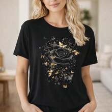 Casual Women's  Cotton T-Shirt, ,  Rose & Gold Butterfly Print, Casual Short Sleeve Round Neck Top, Loose Fit, Soft Breathable Tee, Daily Wear, Fashionable Graphic Design, Comfortable  ClothingFashion - Negro - Ver 8