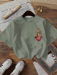 Limited EditionDouble-Sided Print Summer Casual Women's Top, Vintage Style, Our Lady Of Guadalupe Of Roses Print, Round Neck Short-Sleeved-Shirt, 1Lightweight Cotton - 綠色 - 查看 4