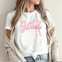 Glamorous Pink Glittery Lettering with Bow Design for Women's Short Sleeve T-Shirt Printing Pattern y Fashion Statement Piece Stylish Summer Wear Graphic Artwork Elegant Embellishment Cute Accessory Decorative Element Eye Catching Visual Appeal Vibrant Color Choice Unique Style Expression Personalized Clothing Item Customizable Design Option High Quality Print Material Comfortable Fabric Choice Breathable Textile Product Ideal for Casual Outings Perfect for Party Wear Suitable for Warm Weather Seasonal Fashion  Essential Wardrobe Addition Must Have Item Popular Choice Among Female Shoppers Instagrammable Look Social Media Friendly setter Brand Appeal Stand Out from Crowd Attract Attention Enhance Appearance Boost Confidence Make a Statement Love at First Sight Instantly Recognizable Distinctive Aesthetic Beauty in Simplicity Timeless Appeal Classic Touch Modern Twist Vintage Inspired Retro Vibes Nostalgic Feel Contemporary Edge Futuristic Vision Bold and Beautiful Subtle - Blanco - Ver 2
