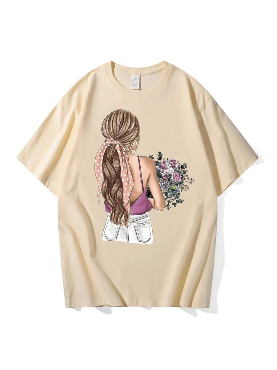 1 pieza de camiseta casual de moda para hombres y mujeres, con estampado y cuello redondo, para chicas, camiseta casual de manga corta para primavera y verano, ropa de mujer. Versátil, fácil de combinar, para uso diario, estilo urbano, ropa de vacaciones, ropa de fin de semana. - Beis - Ver 1