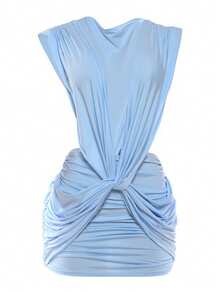 Nuevo Vestido Solido Cuello en V Profundo Sin Mangas Estilo Sensual - Azul - Ver 3
