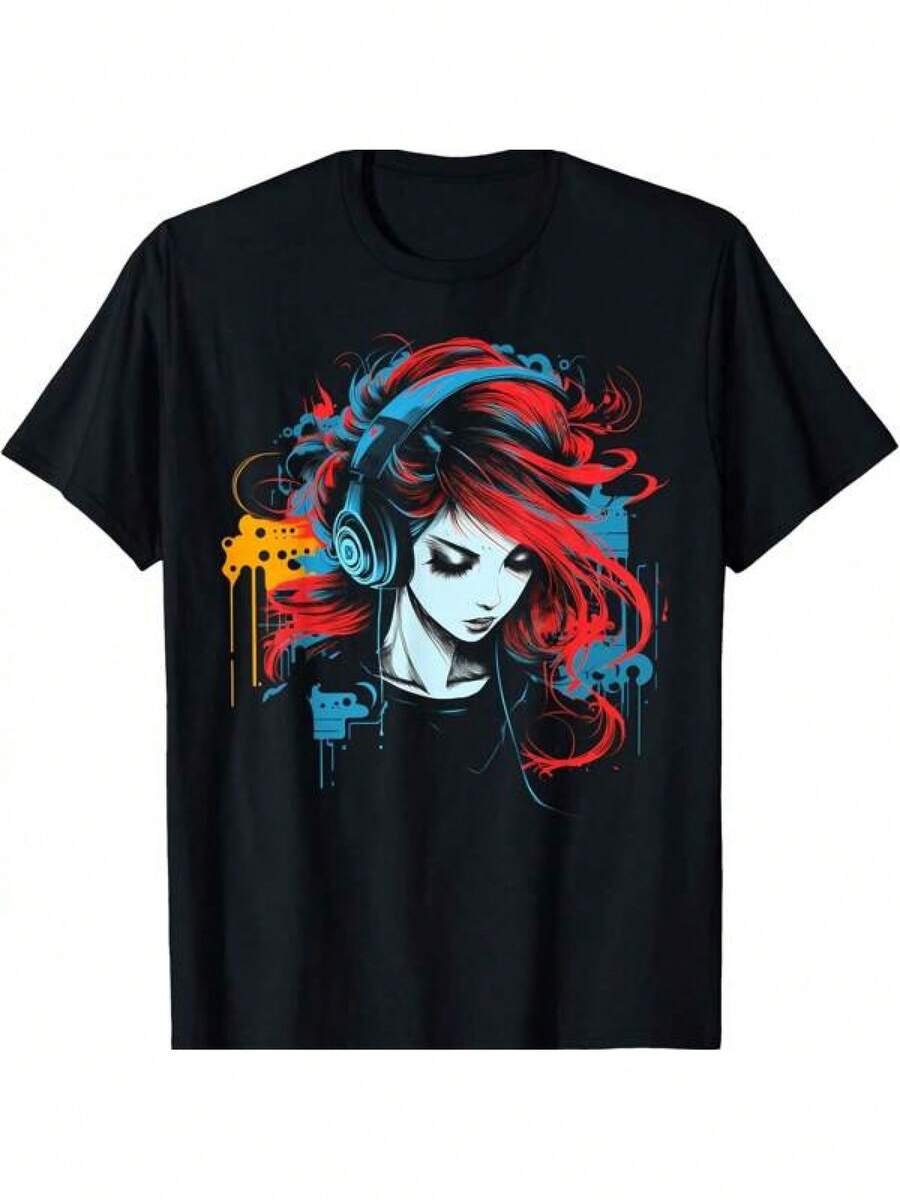 Camiseta negra para mujer con estampado de chica anime con auriculares, cuello redondo, manga corta, estilo vintage urbano, adecuada para conciertos de música DJ, fiestas, uso diario, ropa de verano, regalo de cumpleaños.camisas de mujer sudaderas para mujer sueter blusa casual mujer verano vestidos de graduación - Negro - Ver 1