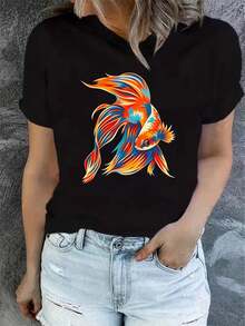 Camiseta de verano para mujer, de manga corta y estampada, moderna y casual, lavable a máquina, ajuste cómodo, estampado plano 2D. - Negro_07 - Ver 12