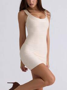 Women's Scoop Neck Foil Bandage Bodycon Cocktail Mini Dress Formal Evening Wedding Guest Gown - 杏色 - 查看 4