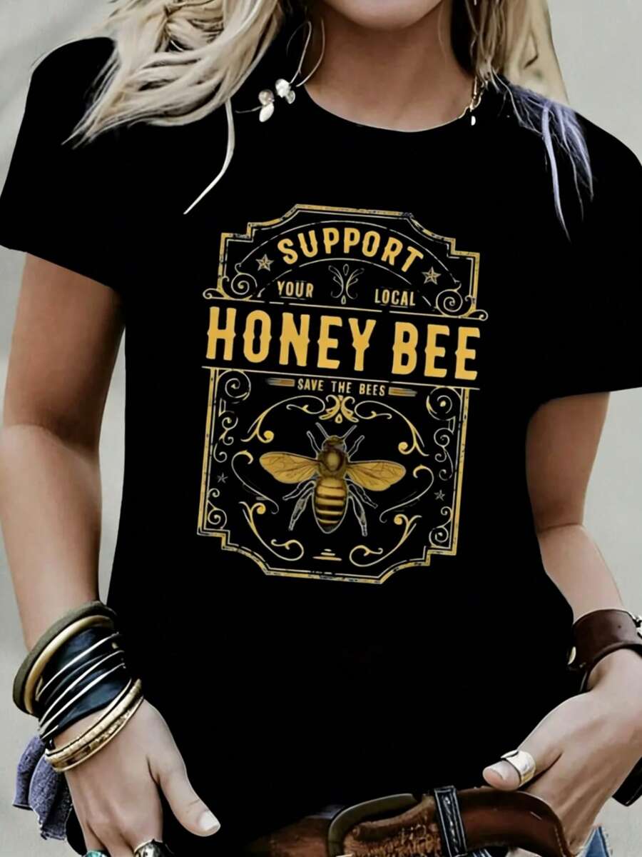 Camiseta estampada de colores, de cuello redondo y manga corta, casual y cómoda, suave y transpirable, diseño clásico, versátil para el uso diario, buena elasticidad, adecuada para todas las estaciones. - Negro - Ver 1