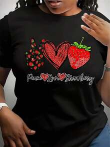 Women's Black Graphic T-Shirt - Adorable Strawberry Design With Peace Symbols - Soft Crew Neck Summer T-Shirt - Casual Top For Everyday Wear - Essential For A Vintage Retro Outfit, Weekend Style, Fun Print, Comfortable Material, Short Sleeve T-Shirt, For Adults - 黑色 - 查看 6