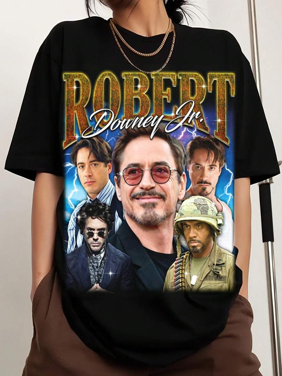 Retro Robert Downey Jr. Shirt - Robert Downey Jr. T-Shirt, Robert Downey Jr. Pullover, Robert Downey Jr. T-Shirt, Robert Downey Jr. Crew Neck T-Shirt, Printed Men's Fashion Short Sleeve Sports T-Shirt, Comfortable And Versatile, 100% Cotton, 220g - Black - View 1
