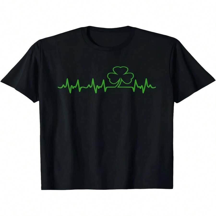 Camiseta con estampado de trébol y latido de corazón para el Día de la Independencia, el Día del Padre y el Día de San Patricio - Camiseta irlandesa de la suerte para hombre, lavable a máquina, negra, regalo ideal para las fiestas para mamá, papá, amigos, regalo de Pascua, dise?o casual de cuello redondo, ajuste cómodo, camiseta de manga corta en tela opaca, textura suave, imprescindible para las compras navide?as. - Negro - Ver 1