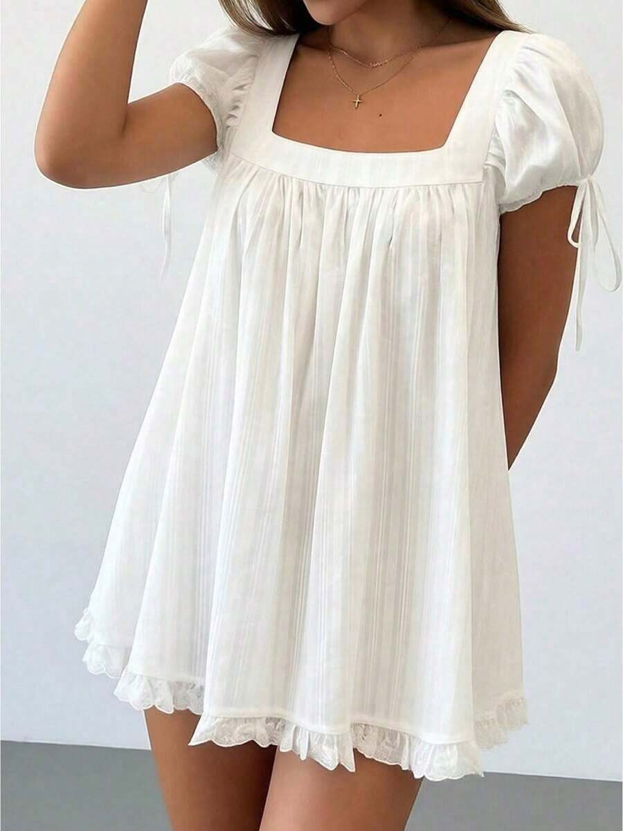 Womens Square Neck Blouse Short Sleeve Doll Ruffle Tops Dress Oversized Cute Peplum Casual Top Y2K Lace Trim Ruffle Flowy Dresses - 白色 - 查看 1