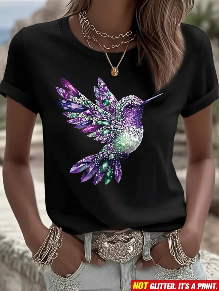 Camiseta de lujo ligero de manga corta con estampado plano de colibrí y diamantes de imitación, ajuste regular y cuello redondo, ropa de mujer para primavera/verano, moda casual para exteriores, tela ligera y transpirable, adecuada como regalo para hijas, hermanas, cumpleaños, mejores amigas, madres - Negro - Ver 1