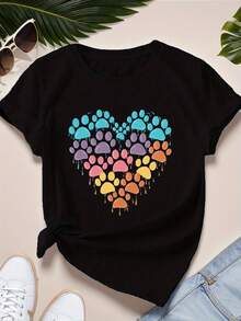 ¡Oferta por tiempo limitado, unidades limitadas,  relámpago! Camisa casual para mujer, elegante, camiseta deportiva de manga corta para mujer, diseño de huella de pata en forma de corazón. - Negro - Ver 8