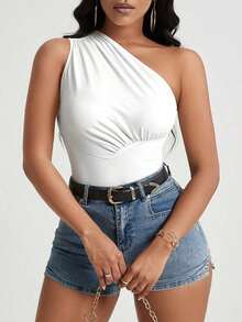 Top Plisado Con Cuello Asimétrico De Color Liso Para Mujer - Blanco - Ver 7
