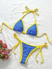 Vestido de playa informal de talla grande para mujer con estampado aleatorio y diseño de anillo en el cuello halter - Azul 2 - Ver 6