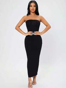 Vestido De Tubo Sin Tirantes Con Espalda Dividida Para Mujeres En Verano - Negro - Ver 6