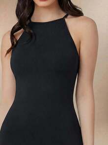 Vestido largo de mujer de unicolor con cuello halter sin mangas, cintura ceñida, ajuste delgado, color negro, adecuado para el transporte urbano, negocios, casual, elegante, ocasiones formales, estilo retro de los 90, diario, viaje, atuendo minima - Negro 2 - Ver 2