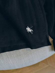 Conjunto de camisa de manga larga a rayas de un solo pecho y pantalones cortos versátiles de estilo vintage casual - Azul marino - Ver 4