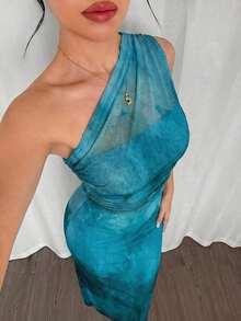 Vestido ajustado asimétrico de cuello elegante, romántico y sexy, adecuado para fiesta, vacaciones en la playa, vuelta al colegio, citas románticas, temporada de bodas, cumpleaños, Pascua, primavera/verano - Azul - Ver 11