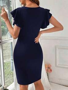 Privé Vestido casual corto con cuello en V, unicolor y abertura lateral simple para mujeres - Azul marino - Ver 2