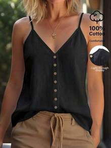 Camiseta sin mangas casual y holgada con botones decorativos de unicolor para mujer - Negro - Ver 1