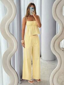 Conjunto de 2 piezas de camiseta de tirantes y pantalones a rayas de moda casual para mujer - Amarillo - Ver 7
