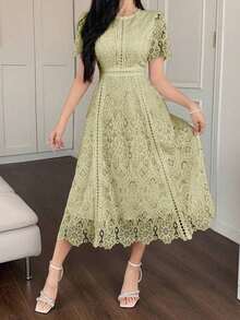 Vestido corto con adorno de encaje en las mangas, vestido mini elegante y refinado - Verde - Ver 2