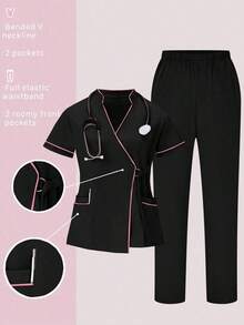 Conjunto de uniformes médicos: Parte superior de cuello en V de manga corta y pantalones para trabajadores de la salud - Negro - Ver 9