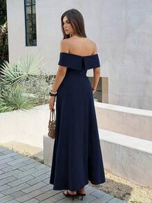 Vestido de mujer de unicolor con hombros descubiertos, nuevo vestido largo elegante y ajustado sin espalda para fiestas, uso diario y citas - Azul marino - Ver 2