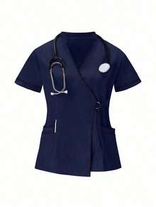 Conjunto de uniformes médicos: Parte superior de cuello en V de manga corta y pantalones para trabajadores de la salud - Azul marino - Ver 4