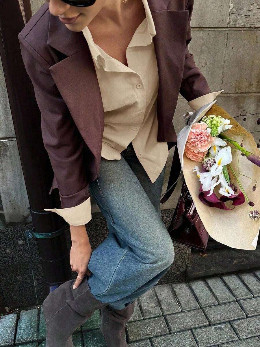 de mujer de manga larga con cuello vuelto, estilo urbano básico para ir al trabajo, conjunto de negocios casual elegante y minimalista, adecuado para maestras y oficina, otoño - Albaricoque - Ver 1