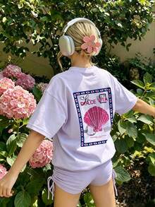 Girls & Teens Casual Printed White Crew Neck Short Sleeve T-Shirt, Summer Top - Mauve Purple - View 2