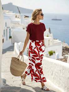 Set de 2 piezas Blusa de unicolor + Falda estampada con flores moradas de estilo casual de vacaciones para mujer, Conjunto de verano para mujer, Conjunto de falda y blusa, Conjunto de falda y blusa para mujer, Conjunto de falda estampada de pri - Multicolor 13 - Ver 6