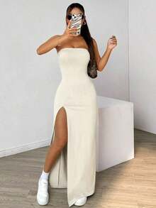 Vestido sin tirantes con abertura alta de unicolor para mujeres - Beis - Ver 6