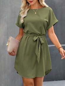 Vestido de mujer de manga corta tipo murciélago con cuello redondo y cintura torcida de unicolor - Verde militar - Ver 5