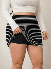 Falda corta casual de línea A de unicolor negro básico para mujer de talla grande, amigable con las curvas del Body redondeado, para el invierno, para la figura de Body redondeado tipo manzana - Blanco y Negro - Ver 7