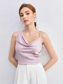 Top de tirantes con diseño asimétrico, decoración de metal y drapeado para mujer.Diseño minimalista, elegante y de moda para uso casual en el trabajo, apto para maestras, oficina, bodas y conciertos. - Lila Púrpura - Ver 4