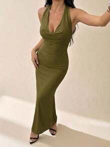 Vestido elegante de mujer de unicolor con cuello drapeado de malla, vestido largo, estilo vacacional, adecuado para vacaciones de otoño/invierno - Verde militar - Ver 3
