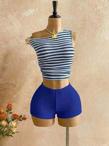 Nuevo conjunto casual de 2 piezas para mujer con hombro asimétrico, textura esponjosa, estampado floral y espalda descubierta, ideal para vacaciones, boda, graduación, Día de San Patricio, primavera, festival de música, elegante estilo boho tropical - Azul marino - Ver 3