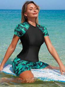 Conjunto de playa informal de pantalón corto y traje de baño con estampado de plantas tropicales y mangas raglán para mujer - Multicolor 4 - Ver 3