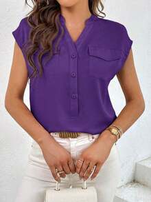 Camisa casual de mujer de manga corta con bolsillo, cuello en V con muesca y unicolor para uso laboral - Morado Violeta - Ver 4