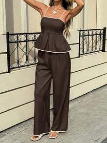 Set de 2 piezas con top de tirantes con ribete de contraste y pantalones de unicolor para mujer - Café integral - Ver 3