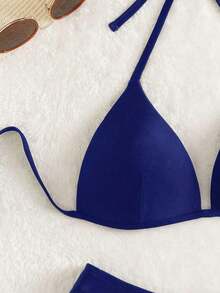 Conjunto de bikini liso, sujetador push up y parte inferior de bikini, traje de baño de 2 piezas - Azul marino - Ver 3