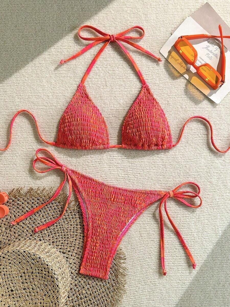 Swim Mod Conjunto de bikini sexy para mujer con estampado floral de verano, copa push-up y cuello halter con lazo - Multicolor 5 - Ver 1