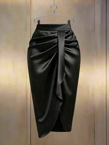 Falda asimétrica con diseño plisado de unicolor para mujer - Negro - Ver 4