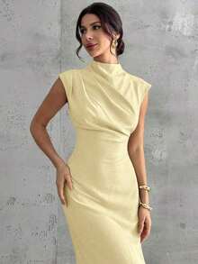 Vestido largo de mujer elegante y casual para uso diario, viajes y moda, con cuello mao, mangas drapeadas y cintura ceñida en color albaricoque - Amarillo claro - Ver 2